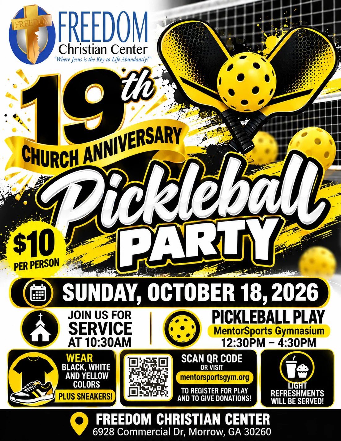 FCC 19th Church Anniversary Pickleball Party flyer — Sunday, October 18, 2026