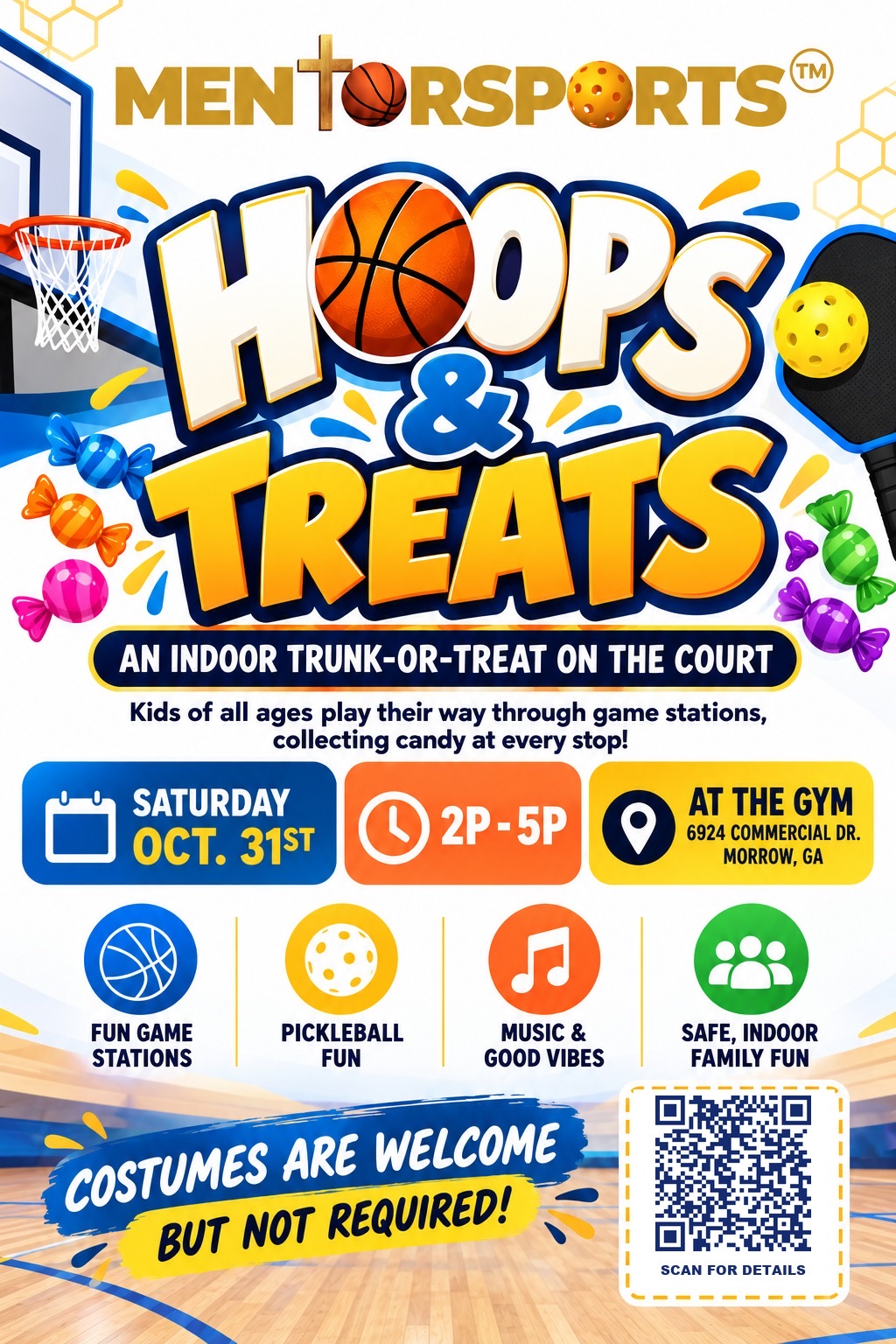 MentorSports Hoops & Treats flyer: an indoor trunk-or-treat on the court, Saturday, October 31, 2–5 PM